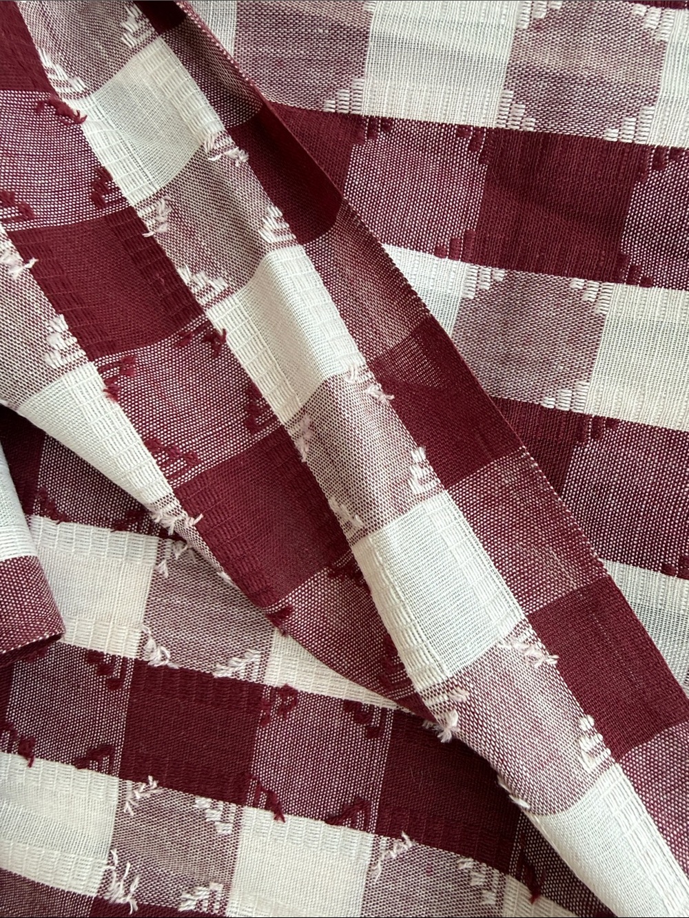 Vintage 60s 70s Burgundy Ivory Woven Check Fabric 5 Yards x 44” - Picture 4 of 13